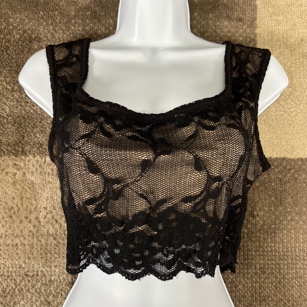 Vintage Victorias Secret Black Lace Overlay Square Neck Crop Tank Top XS